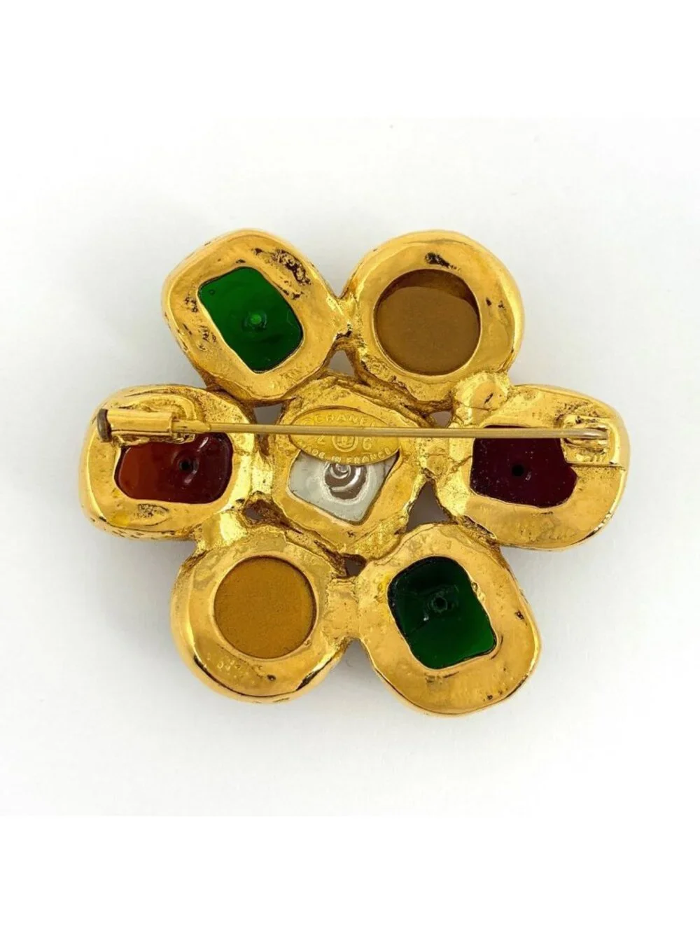 Chanel Brooch Gripoix Faux Pearl Color Stone Rhinestone Gold White Green